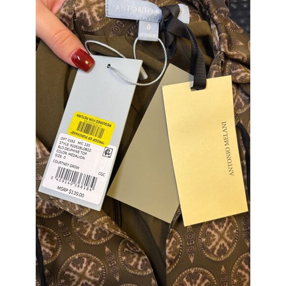 NWT Antonio Melani Brown Print Blouse With Puff Sleeves Size 0 - Picture 7 of 7